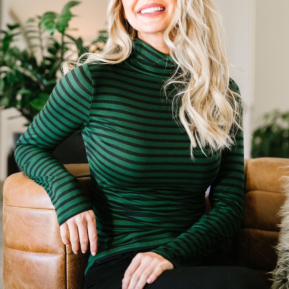Dash of Pink Tops - Layer Away Striped Turtleneck In Hunter Green